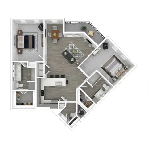 Modern 3D floor plan showcasing 2 bedrooms, 2 bathrooms, an expansive open-plan living area, and a sleek kitchen, complemented by a cozy balcony.