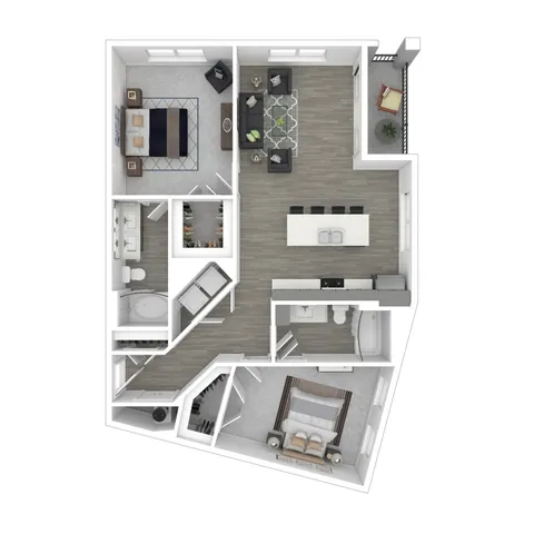 Modern open-concept floor plan featuring 1 bedroom, spacious living area, sleek kitchen with island, and balcony access.