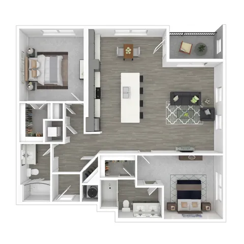 Modern apartment floor plan with two spacious bedrooms, open-concept living and dining area, sleek kitchen with a large island, and a cozy balcony.