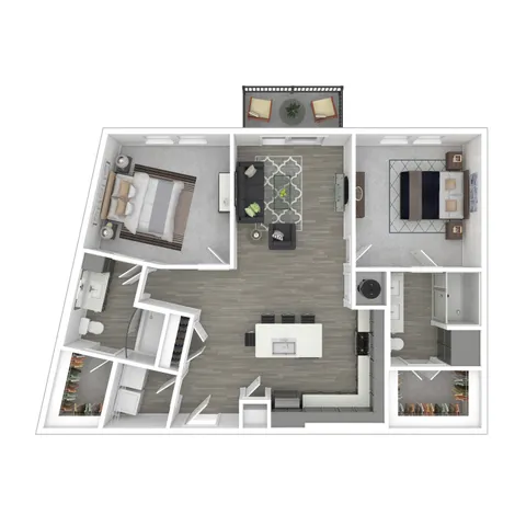 Modern 3D floor plan showcasing 2 bedrooms, a stylish open living space, and a sleek kitchen with bar seating.
