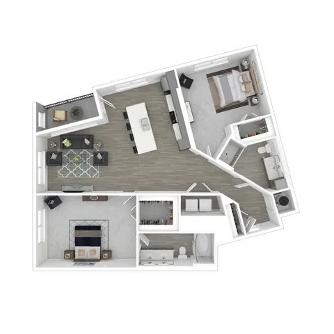 Modern 3D floor plan with 2 bedrooms, a sleek kitchen, open dining area, and stylish living room, perfect for contemporary living.