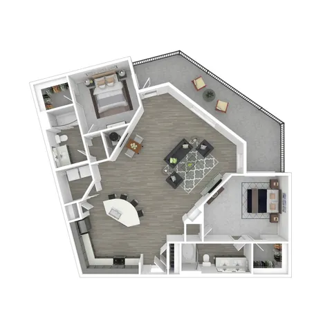 Modern 2D floor plan featuring two bedrooms, an elegant open-concept living and dining area, and a spacious balcony.