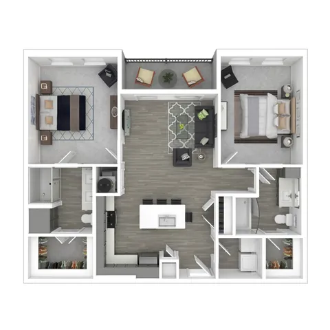 Modern 2D floor plan highlighting a spacious 2-bedroom layout, with an open-concept living and dining area, sleek kitchen, and private balcony.