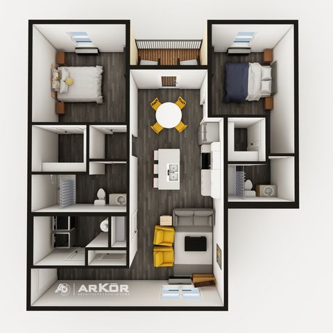 Contemporary 3D floor plan featuring two cozy bedrooms, an open kitchen, stylish living area, and two modern bathrooms.