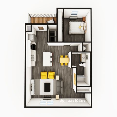 Modern floor plan showcasing a cozy 1-bedroom apartment with an open-concept kitchen, dining area, inviting living space, and balcony access. Perfect blend of style and functionality.