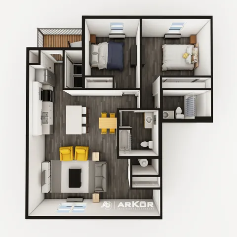 Modern 3D floor plan featuring 2 cozy bedrooms, a spacious open-concept living and dining area, a fully-equipped kitchen, and a balcony.