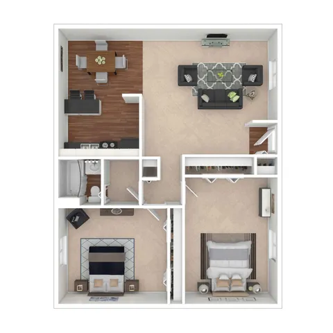 Inviting 2D floor plan featuring a spacious 2-bedroom apartment with cozy living room, elegant dining area, and modern kitchen.