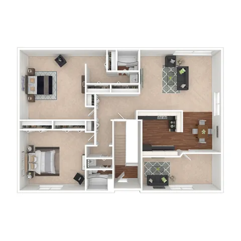 Modern 3D floor plan featuring 2 bedrooms, 2 bathrooms, a spacious open-concept living and dining area, and a sleek kitchen with hardwood floors.