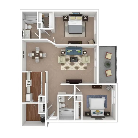 Elegant 3D floor plan featuring two bedrooms, an open living room, gourmet kitchen, and a private balcony.