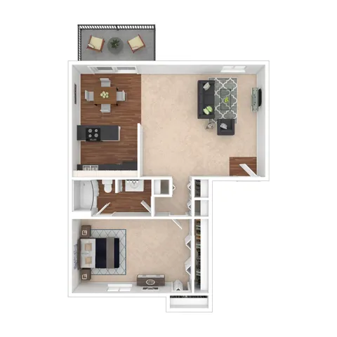 Contemporary 3D floor plan showcasing a spacious 1-bedroom apartment with open living-dining area, modern kitchen, and a cozy balcony.