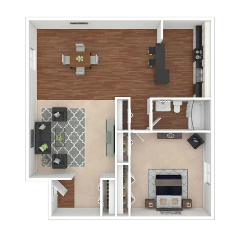 Inviting 2D floor plan showcasing a cozy 1-bedroom apartment with a modern kitchen, open-concept living and dining area, and stylish bathroom.