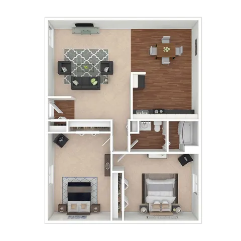 Contemporary apartment floor plan showcasing 2 bedrooms, open living and dining area, modern kitchen, and elegant bathroom layout.