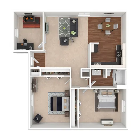 Modern 3D floor plan featuring two bedrooms, a cozy living room, stylish kitchen, and a dedicated home office space.