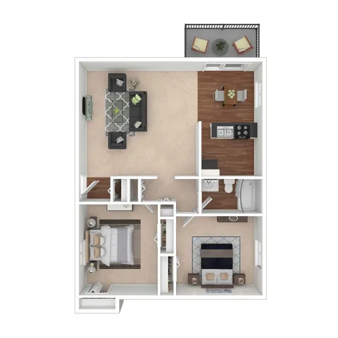 Modern floor plan showcasing a 2-bedroom apartment with open living area, stylish kitchen, and cozy balcony.