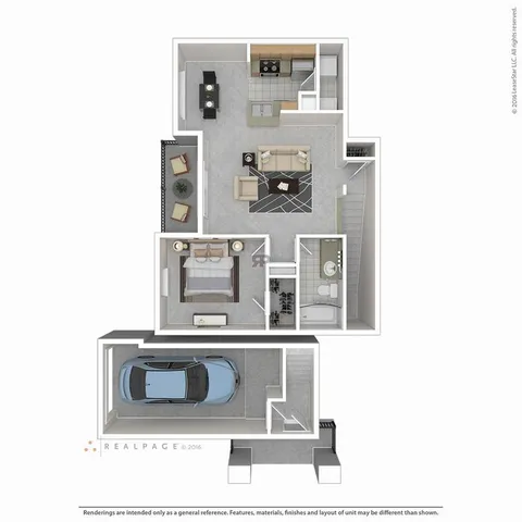 Charming 3D floor plan featuring a cozy bedroom, elegant living room, modern kitchen, and convenient garage space.