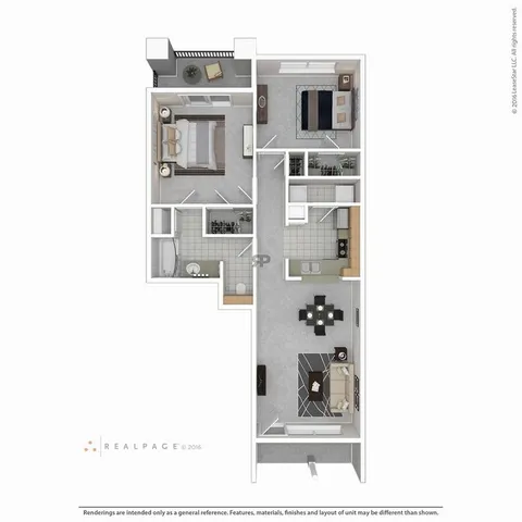 Modern floor plan showcasing a luxurious 1-bedroom apartment with a spacious living room, open kitchen, private balcony, and sleek bathroom.