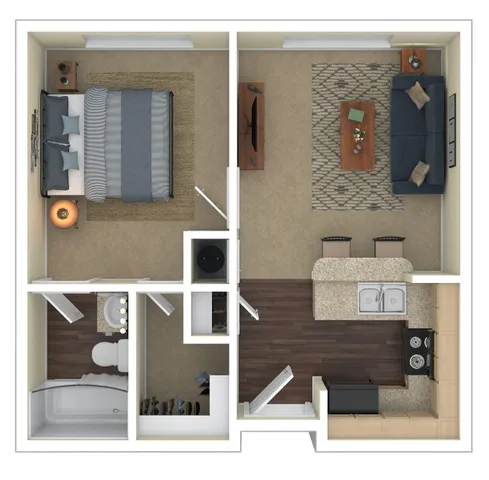 Charming floor plan showcasing a cozy one-bedroom apartment with a welcoming living area, modern kitchen with island seating, and a stylish bathroom.