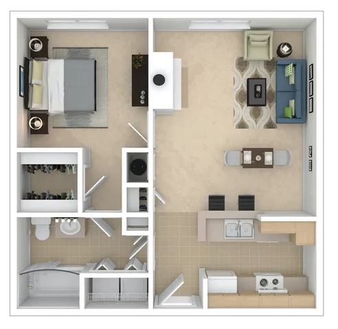 Modern 3D floor plan showcasing a one-bedroom apartment with an open living and dining area, stylish kitchen, and spacious bathroom.