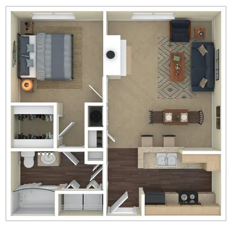 Modern 1-bedroom apartment floor plan with spacious living room, elegantly designed kitchen, and chic bathroom.