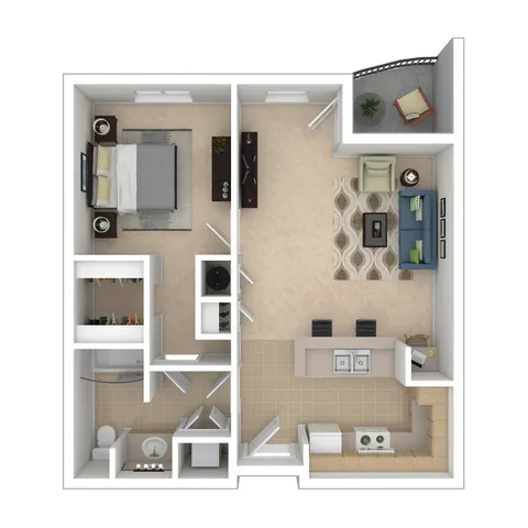 Modern 3D floor plan showcasing 1 bedroom, open-concept living and dining area, cozy balcony, and a sleek kitchen layout.