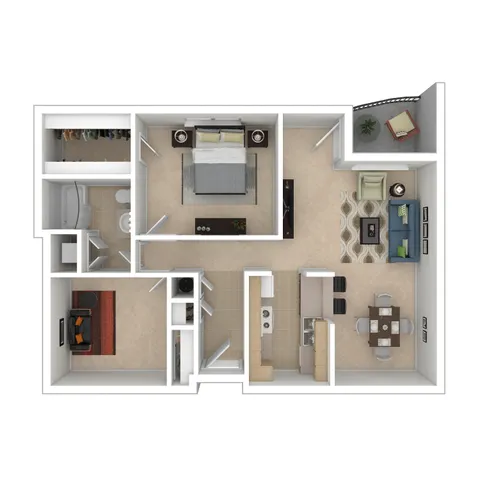 Contemporary floor plan featuring a spacious master bedroom, cozy living room, modern kitchen with dining area, home office space, and a relaxing balcony.