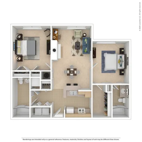 Elegant 3D floor plan featuring 2 bedrooms, spacious living area, and modern kitchen with breakfast bar.