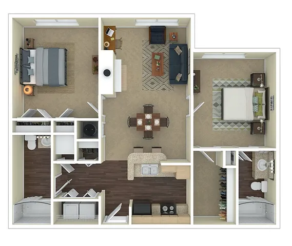 Inviting 3D floor plan showcasing 2 cozy bedrooms, a modern kitchen with a breakfast bar, and a stylish open-concept living and dining area.