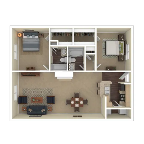 Charming 2 bedroom, 2 bathroom open floor plan featuring a cozy living room, modern kitchen, and ample storage space.
