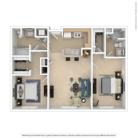 Modern apartment layout with 2 cozy bedrooms, a sleek open-concept kitchen, spacious living area, and 2 stylish bathrooms.