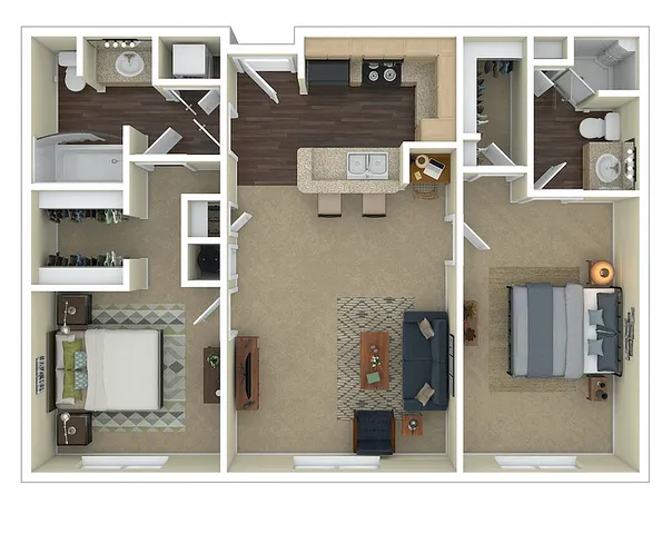 Modern 3D floor plan with 2 bedrooms, spacious living room, sleek kitchen, and 2 bathrooms featuring elegant wood flooring.