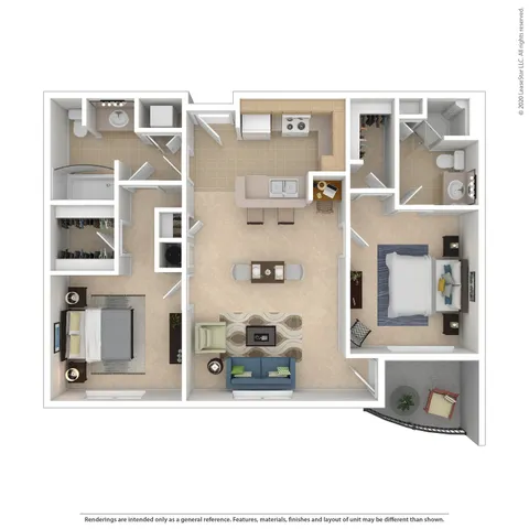 Modern 3D floor plan featuring 2 bedrooms, spacious living area, well-equipped kitchen, and 2 bathrooms, ideal for comfortable living.