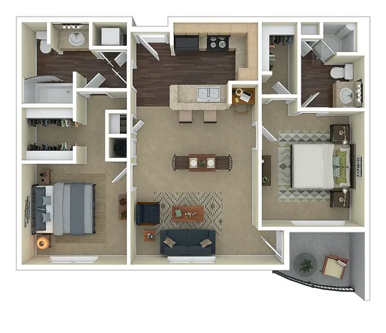 Inviting 3D floor plan showcasing 2 bedrooms, elegant living area, modern kitchen with island, and two bathrooms, featuring a cozy balcony space.