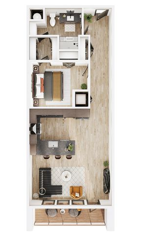 Contemporary floor plan featuring a cozy bedroom, chic open kitchen, and inviting living area with access to a stylish balcony.
