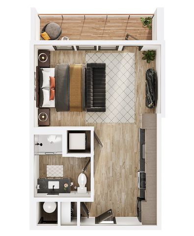 Chic studio floor plan with open living area, cozy bedroom space, modern kitchen, stylish bathroom, and inviting balcony.
