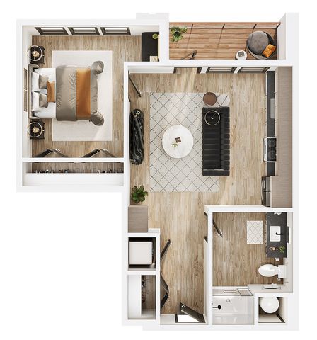 Modern open-plan apartment layout with a spacious bedroom, sleek kitchen, cozy living area, and inviting balcony space.