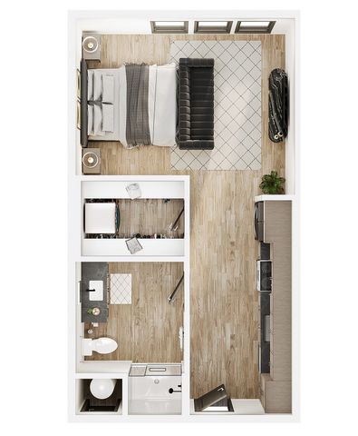 Modern and compact studio apartment floor plan featuring a cozy bedroom area, sleek kitchen, and stylish bathroom.