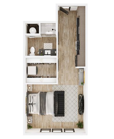 Contemporary floor plan with a stylish bedroom, a sleek kitchen, and a modern bathroom layout, ideal for efficient living.