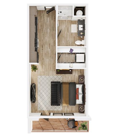 Modern studio apartment floor plan featuring an open-concept layout with a cozy living area, stylish kitchen, elegant bathroom, and private balcony.