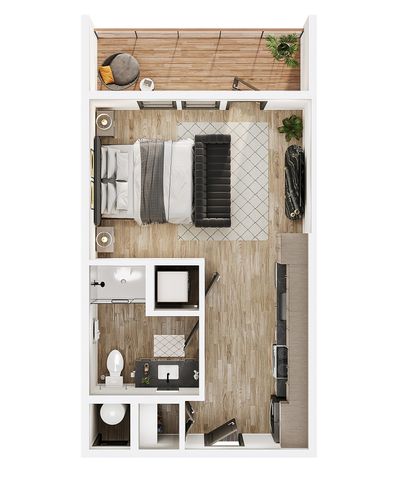 Modern studio floor plan with open living area, sleek kitchen, cozy balcony, and bathroom.
