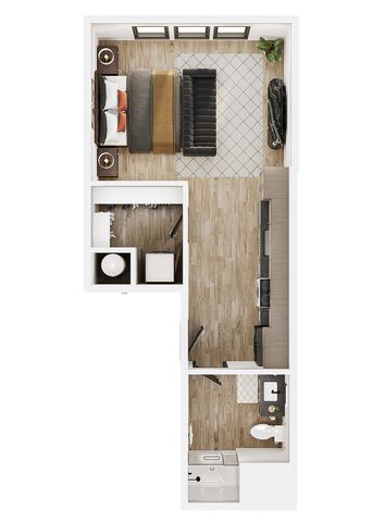 Modern studio apartment floor plan with an open living area, sleek kitchen, and stylish bathroom.