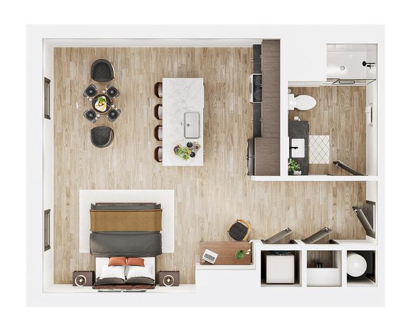 Modern floor plan showcasing an open-concept layout with a cozy bedroom, elegant living area, sleek kitchen island, and contemporary bathroom.