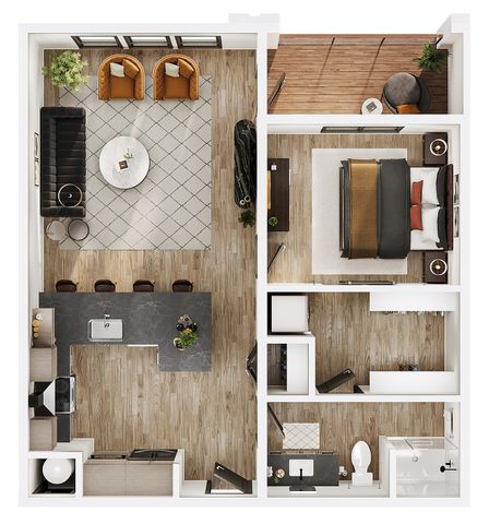 Contemporary floor plan with a spacious open kitchen-living area, cozy bedroom, stylish bathroom, and a charming balcony.