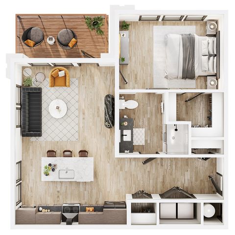 Modern floor plan featuring 1 spacious bedroom, open-concept living and dining area, stylish kitchen with breakfast bar, sleek bathroom, and a cozy balcony.