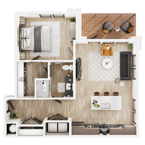 Modern 1-bedroom apartment floor plan with open-concept living and dining area, sleek kitchen, luxury bathroom, and cozy balcony.
