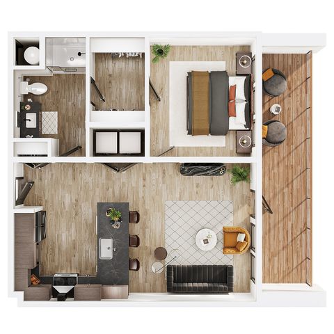 Chic apartment floor plan featuring an open-concept living area, modern kitchen with island seating, spacious bedroom, elegant bathroom, and a private balcony.