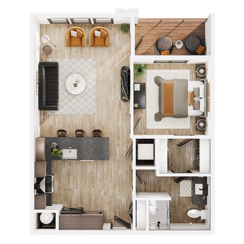 Modern apartment floor plan featuring an open-concept living room, sleek kitchen, luxurious bedroom, and cozy balcony.