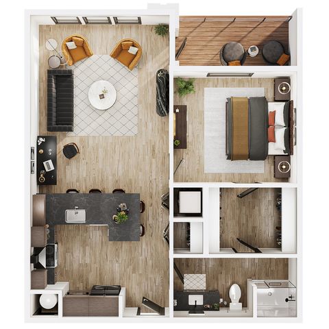 Modern open-concept floor plan with spacious living area, gourmet kitchen, elegant bedroom, and cozy balcony.