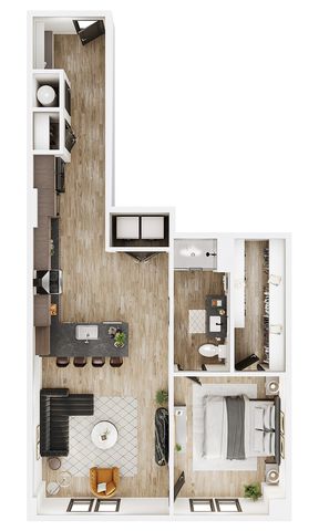Modern floor plan showcasing a spacious open-concept kitchen with island seating, cozy living area, and a stylish bedroom with a large walk-in closet.