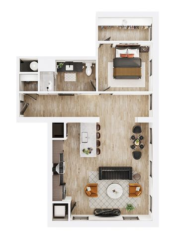 Modern L-shaped floor plan featuring one spacious bedroom, open kitchen with island seating, a stylish living room, and a chic dining area.