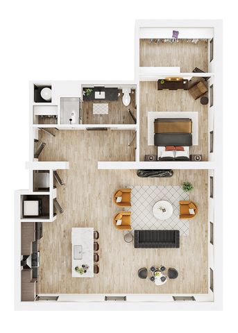 Modern open-concept floor plan showcasing 1 bedroom, stylish kitchen with island, spacious living area, and elegant bathroom.